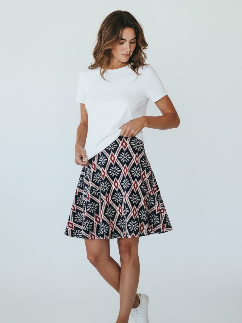 Geometric Print Skater Skirt in Navy & Pink